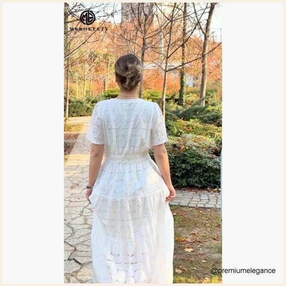 Summer Floral Maxi Dress Boho Eyelet Lace Short Sleeve A Line Tiered - Picture 7 of 7